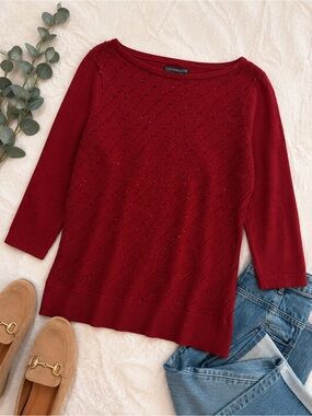 Covington Petite Burgundy Textured Knit Sweater 3/4 Sleeve SP